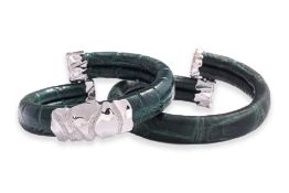 A PAIR OF GREEN LEATHER AND WHITE GOLD BANGLES