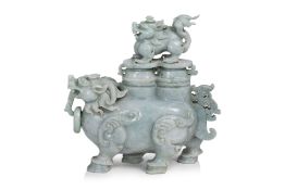A LARGE JADEITE MYTHICAL BEAST FORM VESSEL