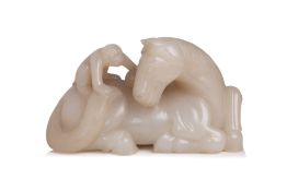A WHITE JADE HORSE AND MONKEY GROUP