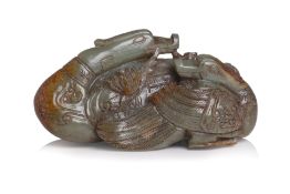 A GREEN AND RUSSET JADE MANDARIN DUCKS GROUP