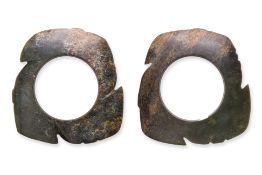 TWO SIMILAR ARCHAISTIC JADE NOTCHED DISCS, YABI