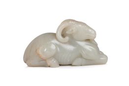 A PALE CELADON JADE MODEL OF A RAM