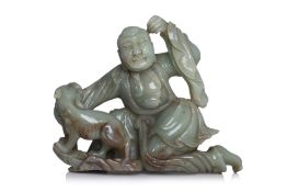 A LARGE CELADON JADE FIGURE OF A MONK WITH A MYTHICAL BEAST