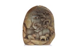 A JADE BOULDER CARVING OF TWO RAMS