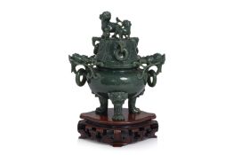 A GREEN JADE TRIPOD CENSER AND COVER