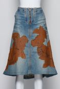 ROBERTO CAVALLI - A DENIM MIDI SKIRT WITH LEATHER FLORAL PRINT