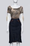ROBERTO CAVALLI - A DARK-WASH PENCIL SKIRT AND FEATHER PRINT SHIRT