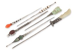 A GROUP OF SIX SILVER AND GEMSTONE HAIRPINS