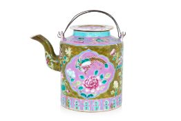 A FAMILLE ROSE OLIVE-BROWN GROUND TEAPOT AND COVER