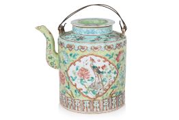 A FAMILLE ROSE LIME-GREEN GROUND TEAPOT AND COVER