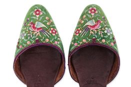 A PAIR OF SILK EMBROIDERED VELVET SLIPPERS