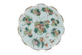 AN ENAMELLED CELADON GROUND LOTUS-FORM STEM DISH