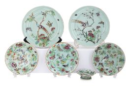 A GROUP OF SIX ENAMELLED CELADON WARES