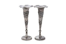 A PAIR OF CHINESE-EXPORT SILVER TRUMPET VASES