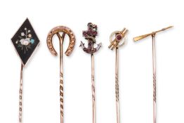 A GROUP OF FIVE ANTIQUE STICK PINS