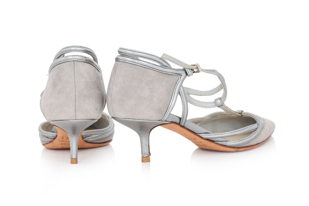 CHRISTIAN DIOR - A PAIR OF SILVER-TONE SEUDE HEELS - Image 2 of 3
