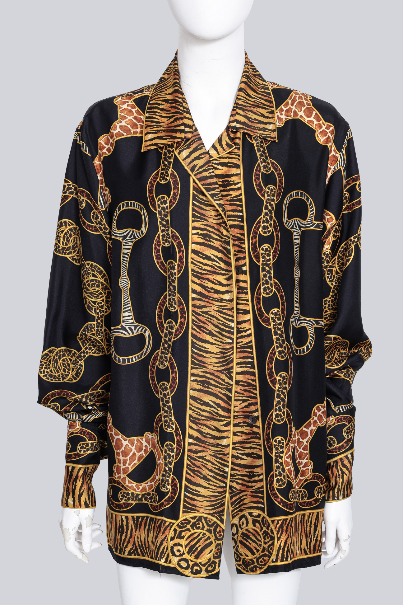 GUCCI - A FALL/WINTER 1993 RUNWAY ANIMAL PRINT HORSEBIT BLACK SILK TUNIC TOP