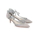 CHRISTIAN DIOR - A PAIR OF SILVER-TONE SEUDE HEELS