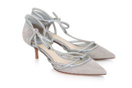 CHRISTIAN DIOR - A PAIR OF SILVER-TONE SEUDE HEELS