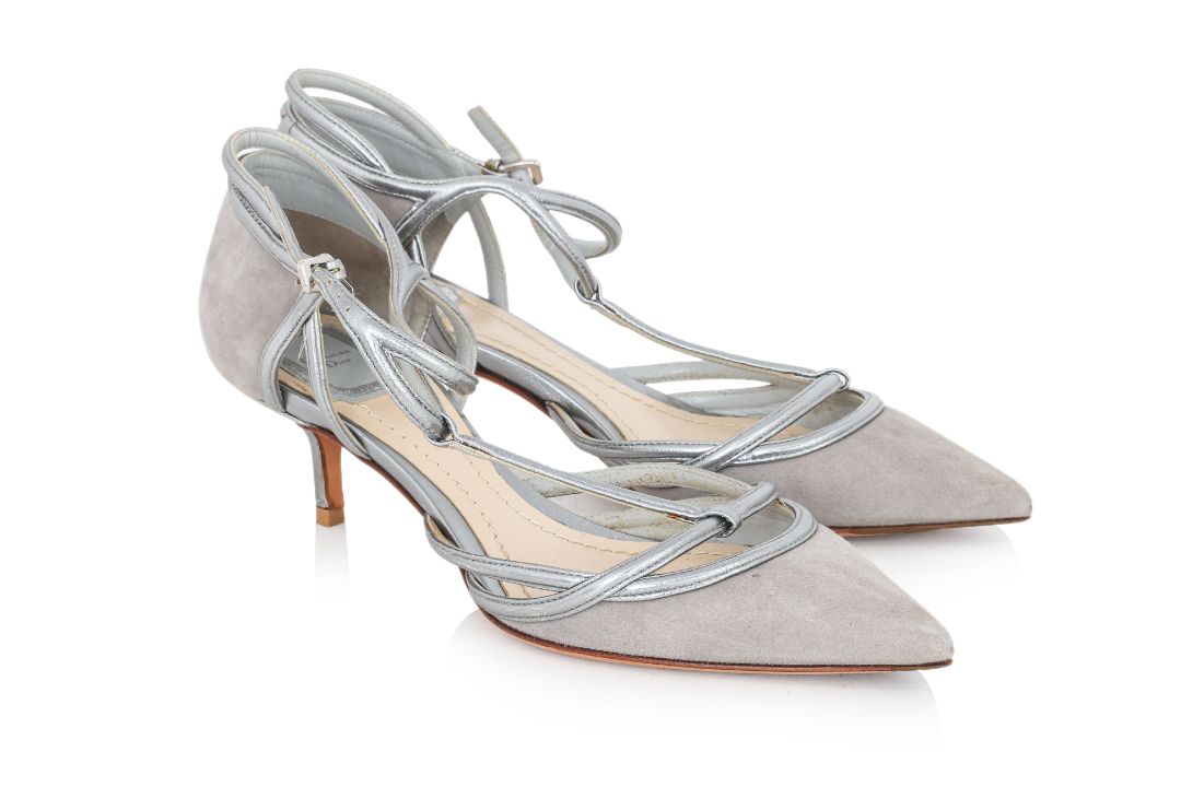 CHRISTIAN DIOR - A PAIR OF SILVER-TONE SEUDE HEELS - Image 1 of 3