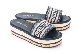 CHRISTIAN DIOR - A PAIR OF DWAY SLIDE IN DEEP BLUE EMBROIDERED COTTON