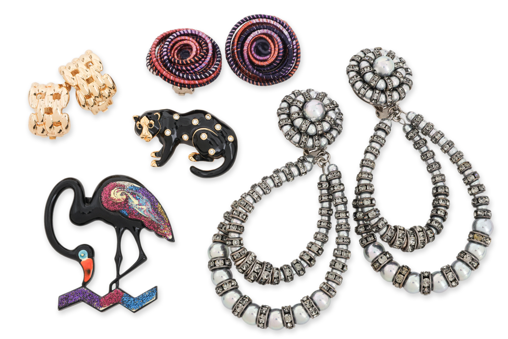 ASSORTED DESIGNERS - THREE CLIP-ON EARRINGS AND TWO BROOCHES