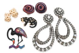 ASSORTED DESIGNERS - THREE CLIP-ON EARRINGS AND TWO BROOCHES