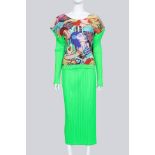 ISSEY MIYAKE PLEATS PLEASE - A PLEATED NEON GREEN POP ART ENSEMBLE