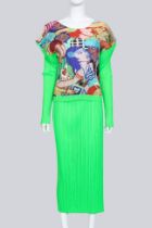 ISSEY MIYAKE PLEATS PLEASE - A PLEATED NEON GREEN POP ART ENSEMBLE