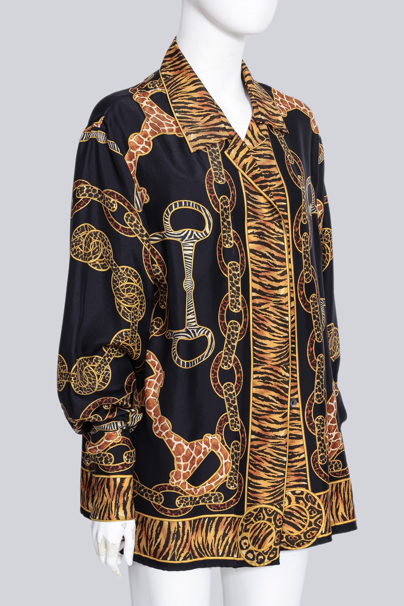 GUCCI - A FALL/WINTER 1993 RUNWAY ANIMAL PRINT HORSEBIT BLACK SILK TUNIC TOP - Image 2 of 4