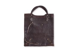 BALENCIAGA - A CHOCOLATE BROWN CARIBOU LEATHER 'LE DIX' TOTE