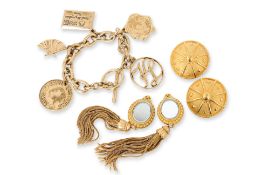 KARL LAGERFELD - A CHARM BRACELET AND PAIR OF EARRINGS WITH A PAIR OF LANVIN CLIP ON EARRINGS
