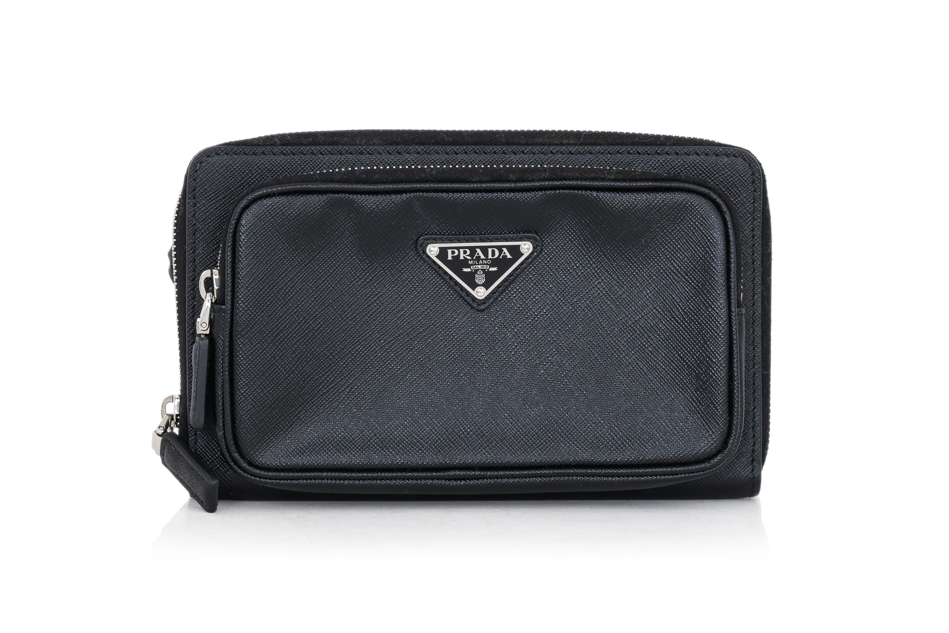 PRADA - A WAIST BLACK SAFFIANO LEATHER TRAVEL POUCH