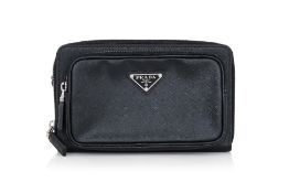 PRADA - A WAIST BLACK SAFFIANO LEATHER TRAVEL POUCH