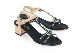 CHANEL - A PAIR OF FAUX PEARL-EMBELLISHED SANDALS