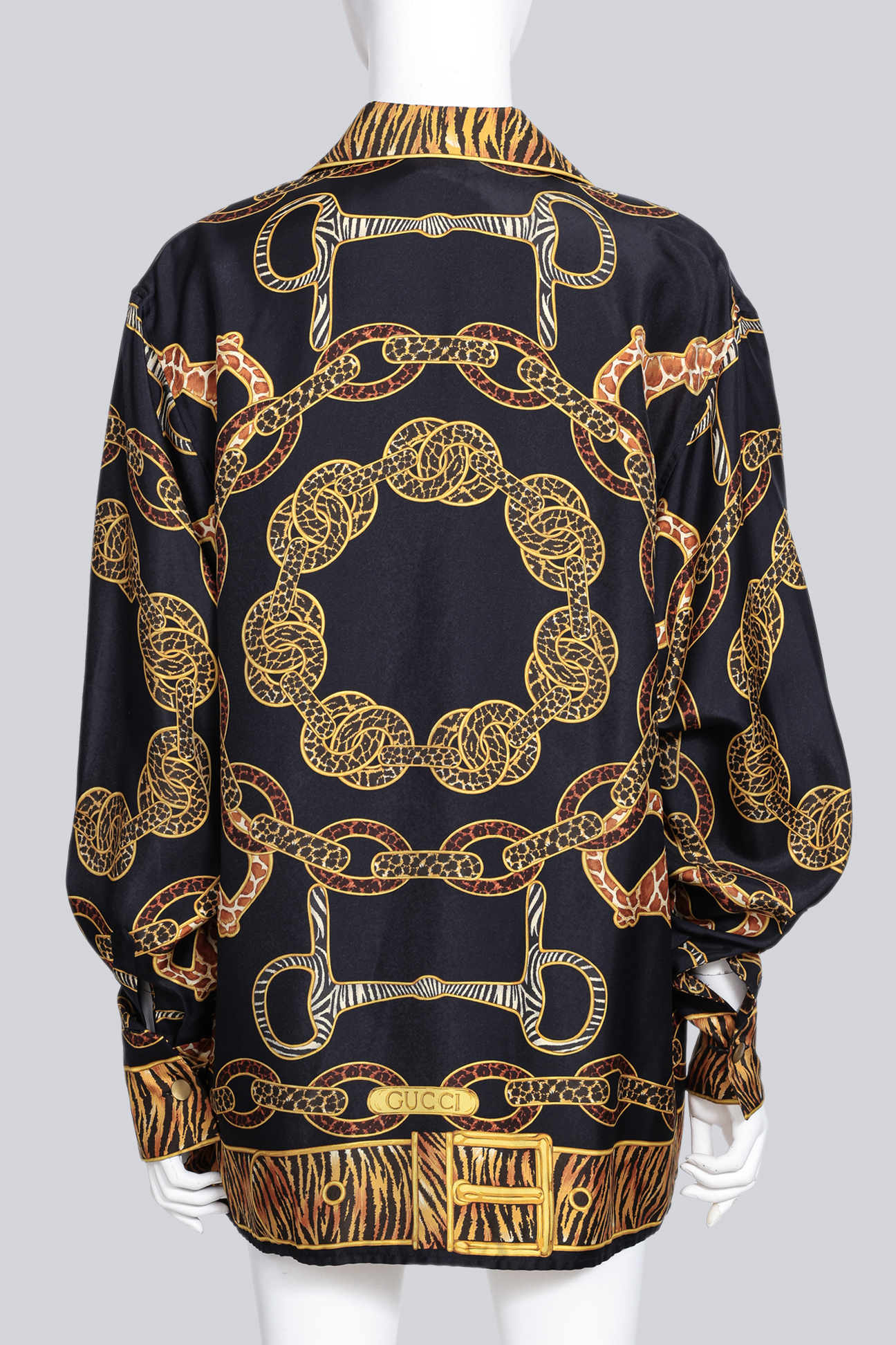 GUCCI - A FALL/WINTER 1993 RUNWAY ANIMAL PRINT HORSEBIT BLACK SILK TUNIC TOP - Image 3 of 4