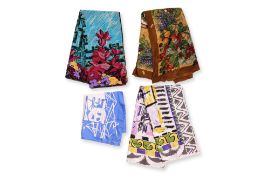 A GROUP OF FOUR DESIGNER SILK SCARVES