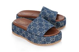 GUCCI - A PAIR OF GG DENIM AND LEATHER PLATFORM SLIDES