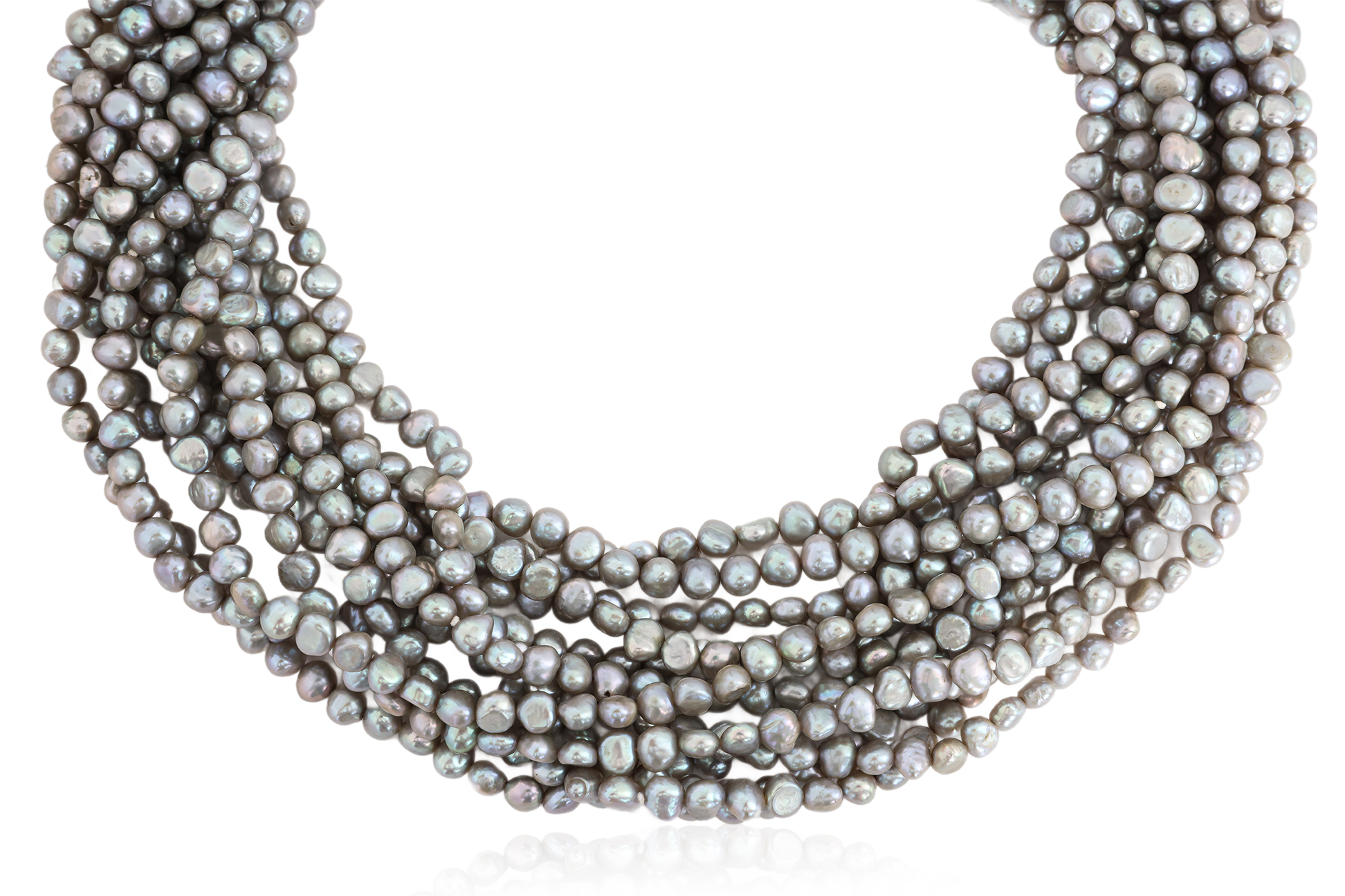 A MULTI-STRAND PEARL NECKLACE WITH SILVER HEART PENDANTS