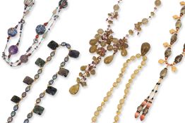 A GROUP OF FIVE SEM-PRECIOUS STONE AND WHITE METAL NECKLACES