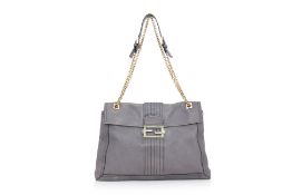 FENDI - A GREY LEATHER BAGUETTE FLAP SHOULDER BAG