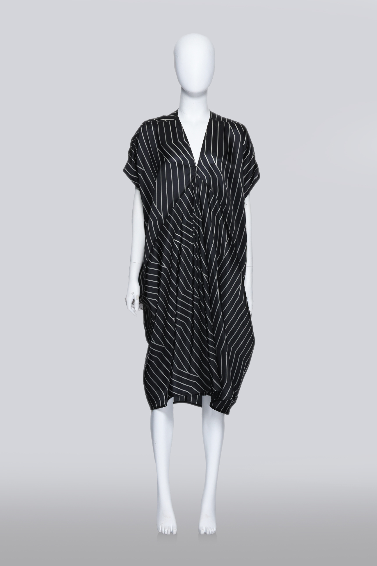 RICK OWENS - A BLACK AND PEARL STRIPED KAFTAN DRESS