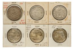 INDIA, MIXED STATES, ASSORTED SILVER COINAGE (6)