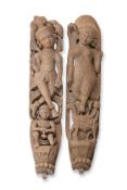 A PAIR OF LARGE SOUTH INDIAN FIGURAL CARVED TEAK PILLARS