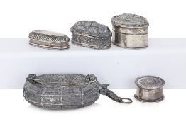 A GROUP OF FIVE SOUTH EAST ASIAN SILVER BOXES