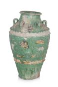 A LARGE GREEN AND YELLOW GLAZED 'TRADESCANT' STONEWARE JAR