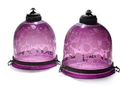 A PAIR OF PURPLE CUT GLASS BELL LANTERNS