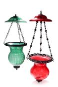 TWO LARGE COLOURED CUT GLASS HANGING LANTERNS