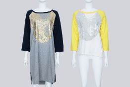 COMME DES GARCONS - A PAIR OF COTTON RAGLAN TOPS WITH LAYERED CHAIN-STACK PRINTS