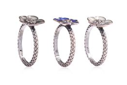 BOTTEGA VENETA - SET OF THREE SILVER AND ENAMEL FLOWER RINGS